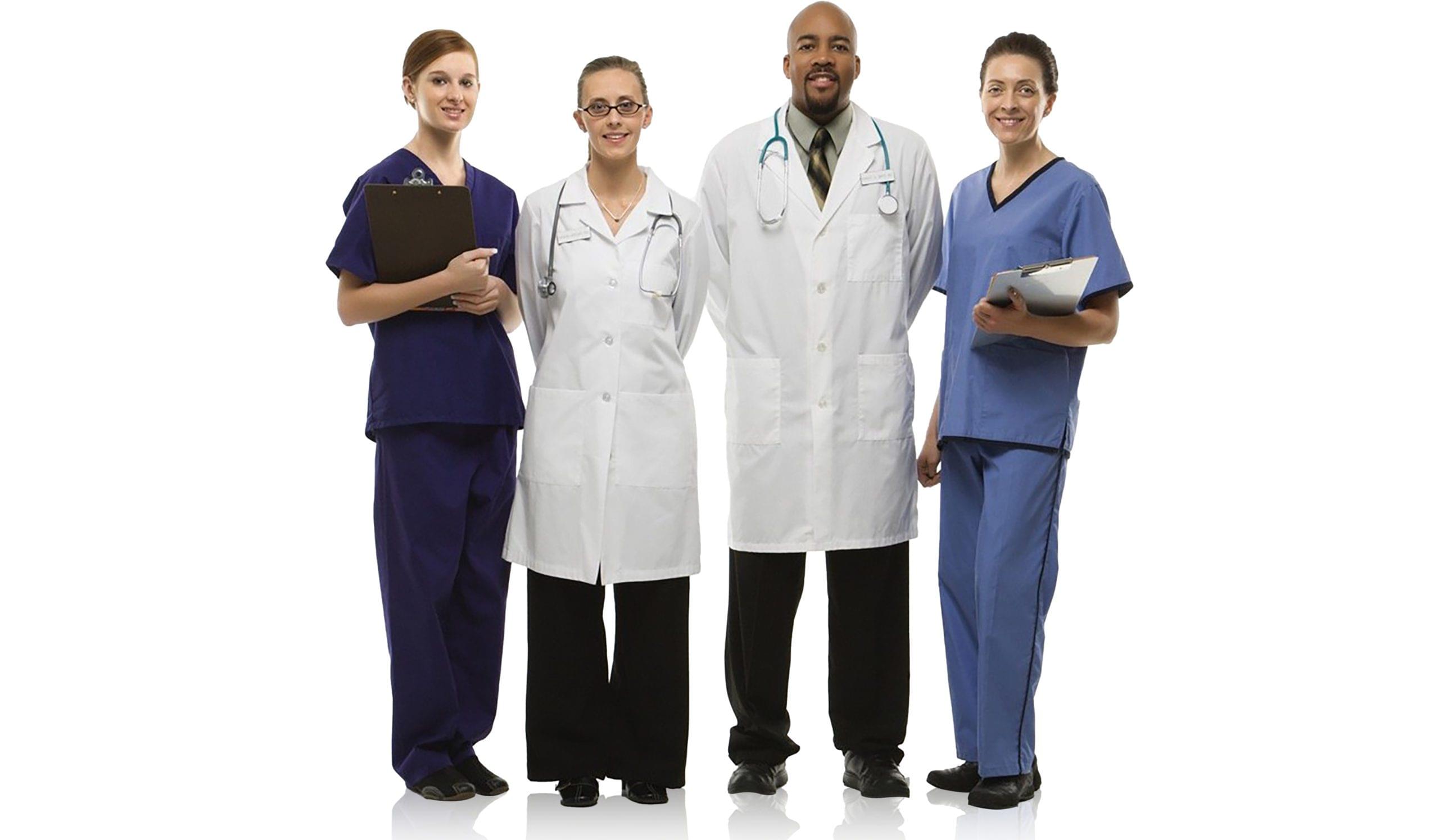Multicultural medical team smiling in a white a background